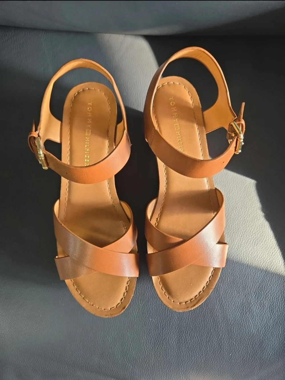 Tommy Hilfiger Tan Platform Wedge Sandals with Ankle Strap